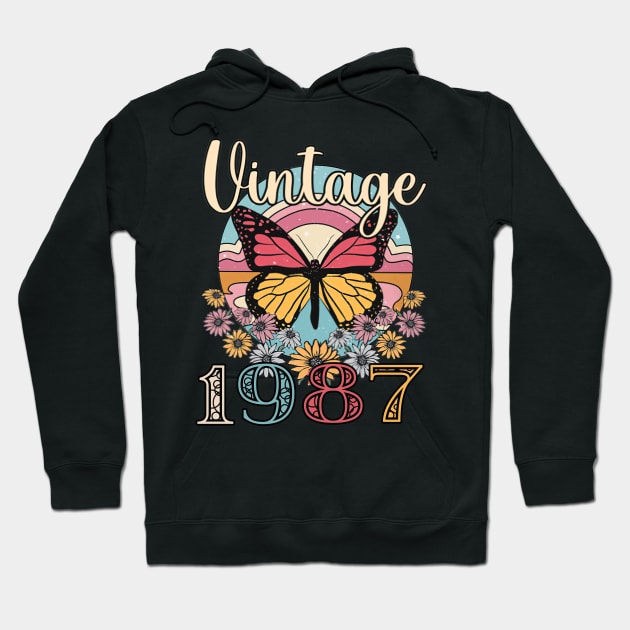 Floral Butterfly Retro Vintage 1987 36th Birthday Hoodie by nakaahikithuy